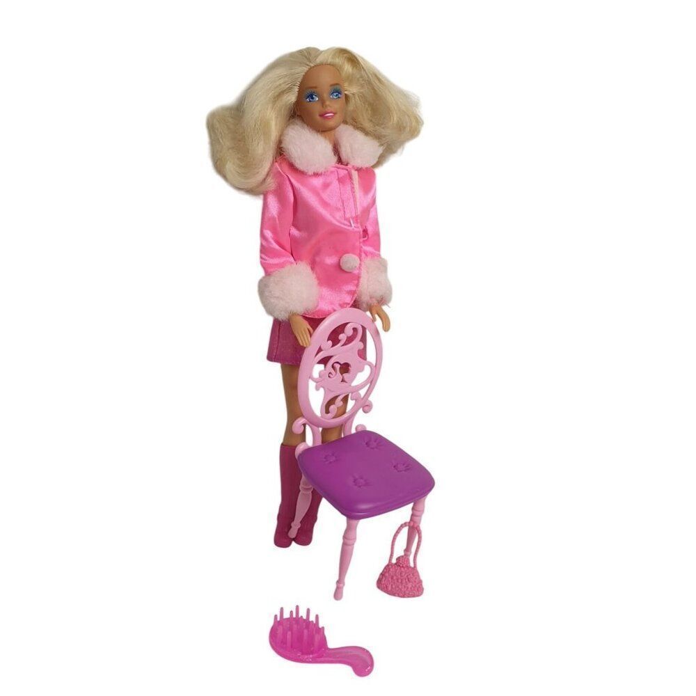 Vintage Barbie Doll Mattel 80's-90's Pink Satin Coat Faux Fur & Accessories